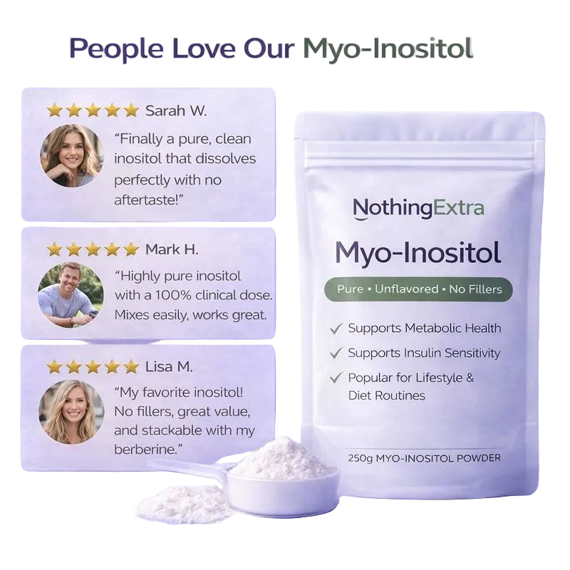 Package of NothingExtra Myo-Inositol with customer reviews on a white background
