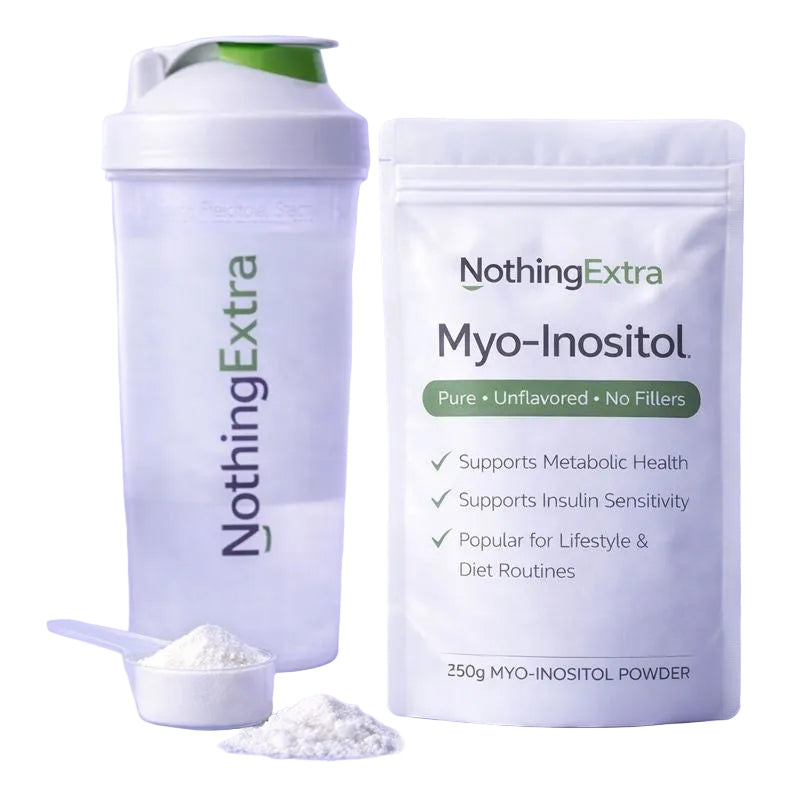 NothingExtra Myo-Inositol powder packaging with a shaker and scoop on a white background